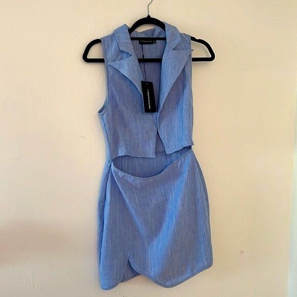 NWT PLT | Blue Linen Look Vest Style Cut Out Bodycon | Size 10 - Picture 2 of 11